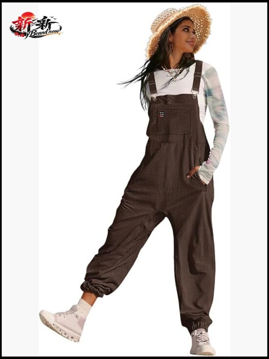 Pants - Women's Corduroy Overalls Sleeveless Adjustable Straps Loose Fit Harem Jumpsuit